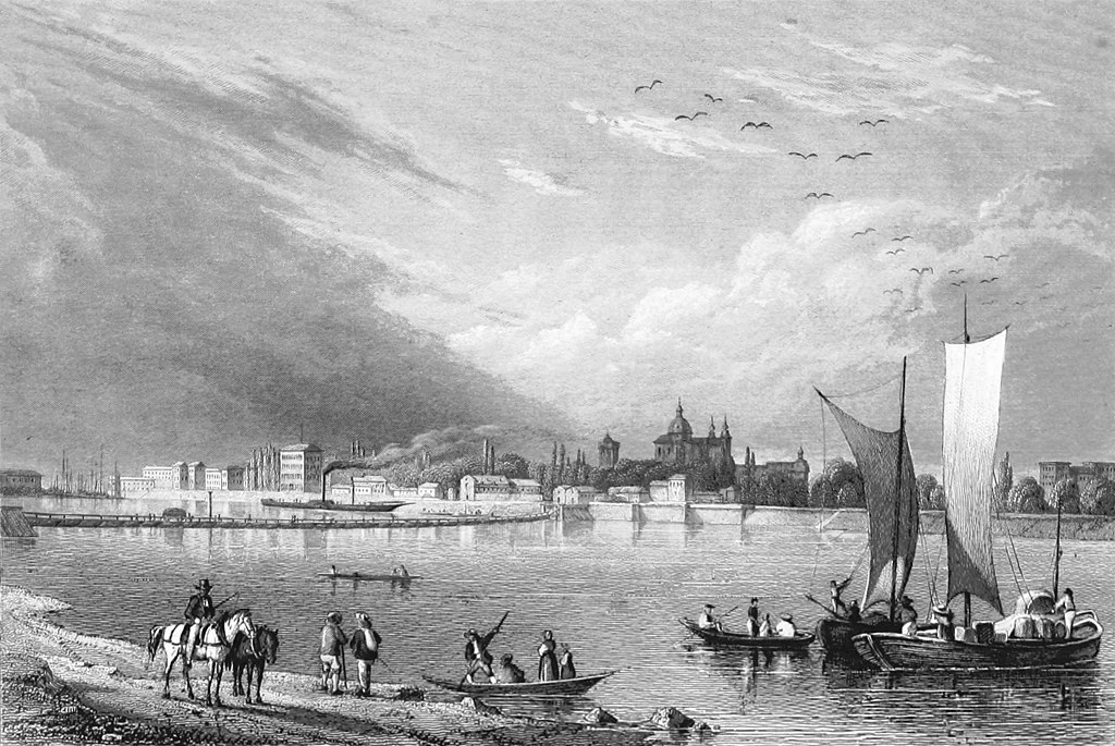 Veduta di Mannheim con il Reno in primo piano